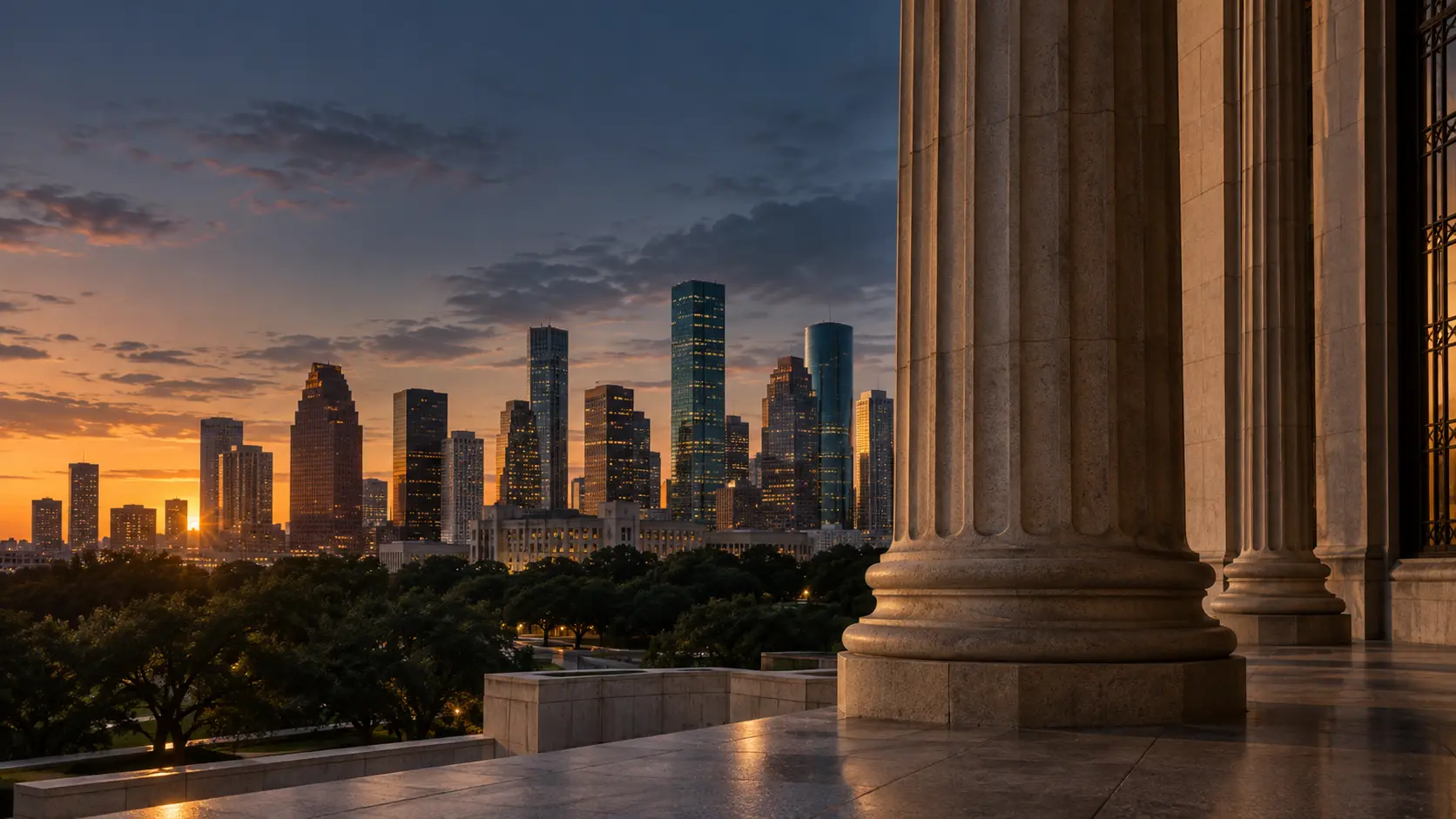 Houston skyline framed by courthouse columns